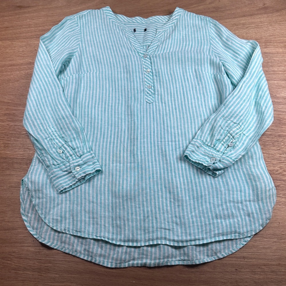 100% Linen‎ Aqua White Stripe Popover Blouse Roll Tab Long Sleeve Medium